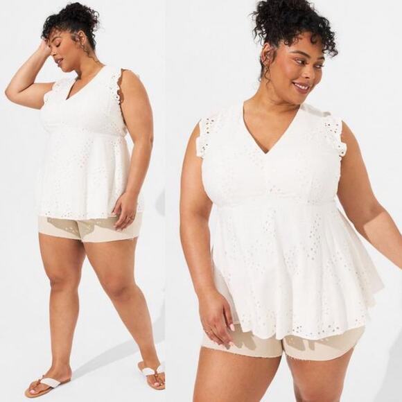 TORRID • White Boho Eyelet Ruffle Sleeve Babydoll Tank Top - Picture 1 of 6